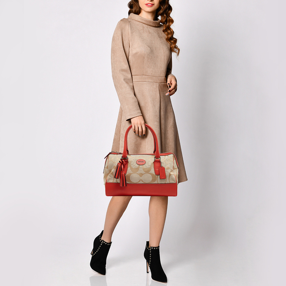 COACH Orange/Beige Signature Canvas and Leather Haley Satchel - Picture 2 of 8